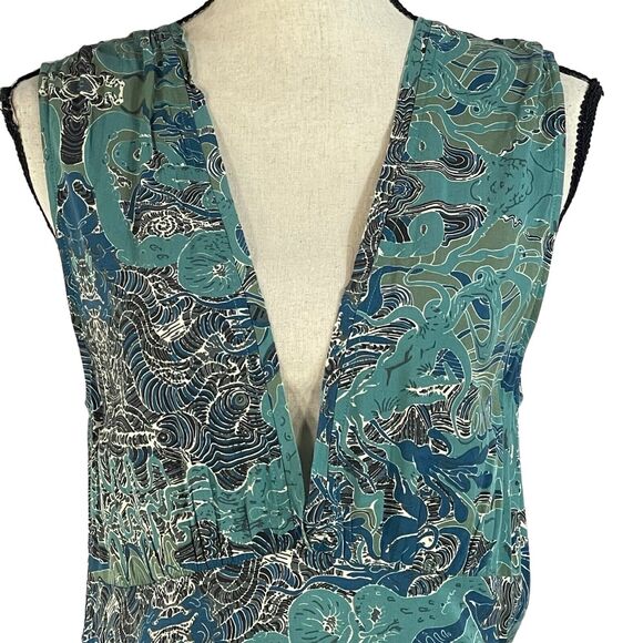 Zadig & Voltaire Small Asymmetrical Dress Sleeveless Deep V-Neck Teal Abstract - Picture 4 of 11